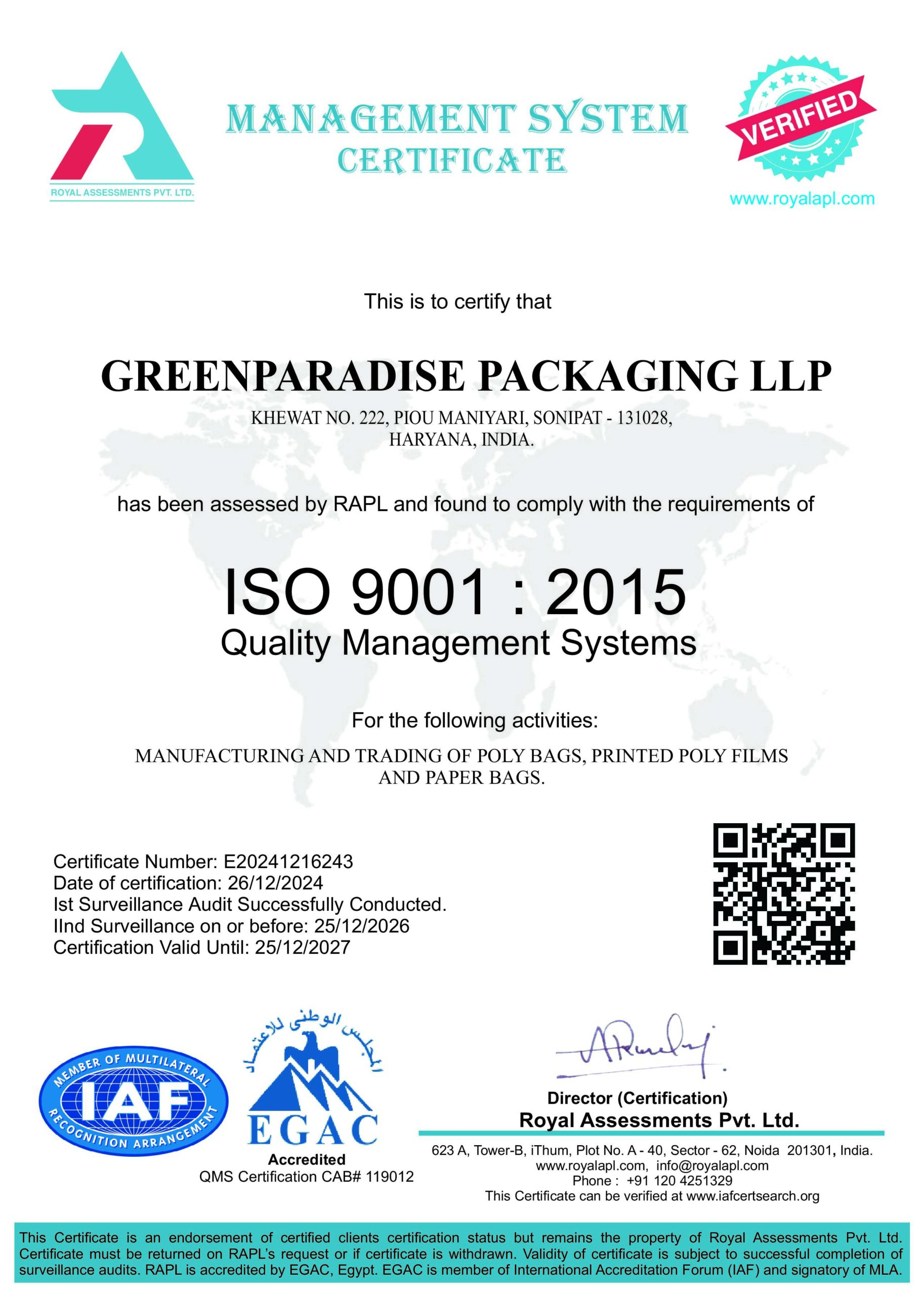 greenparadise packaging llp qms